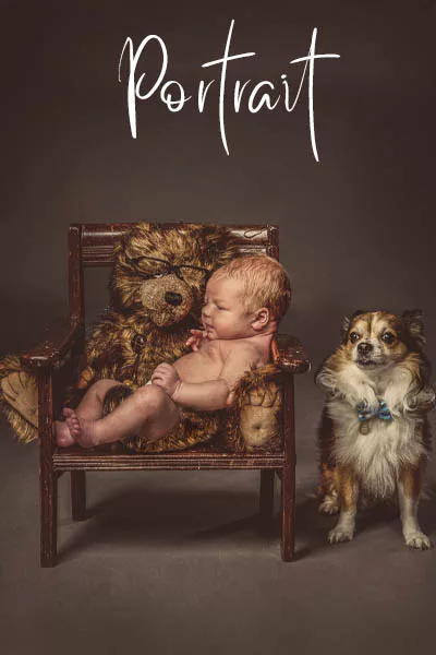 Portrait image of a baby being held by his teddy. The family dog sits attentively by his side