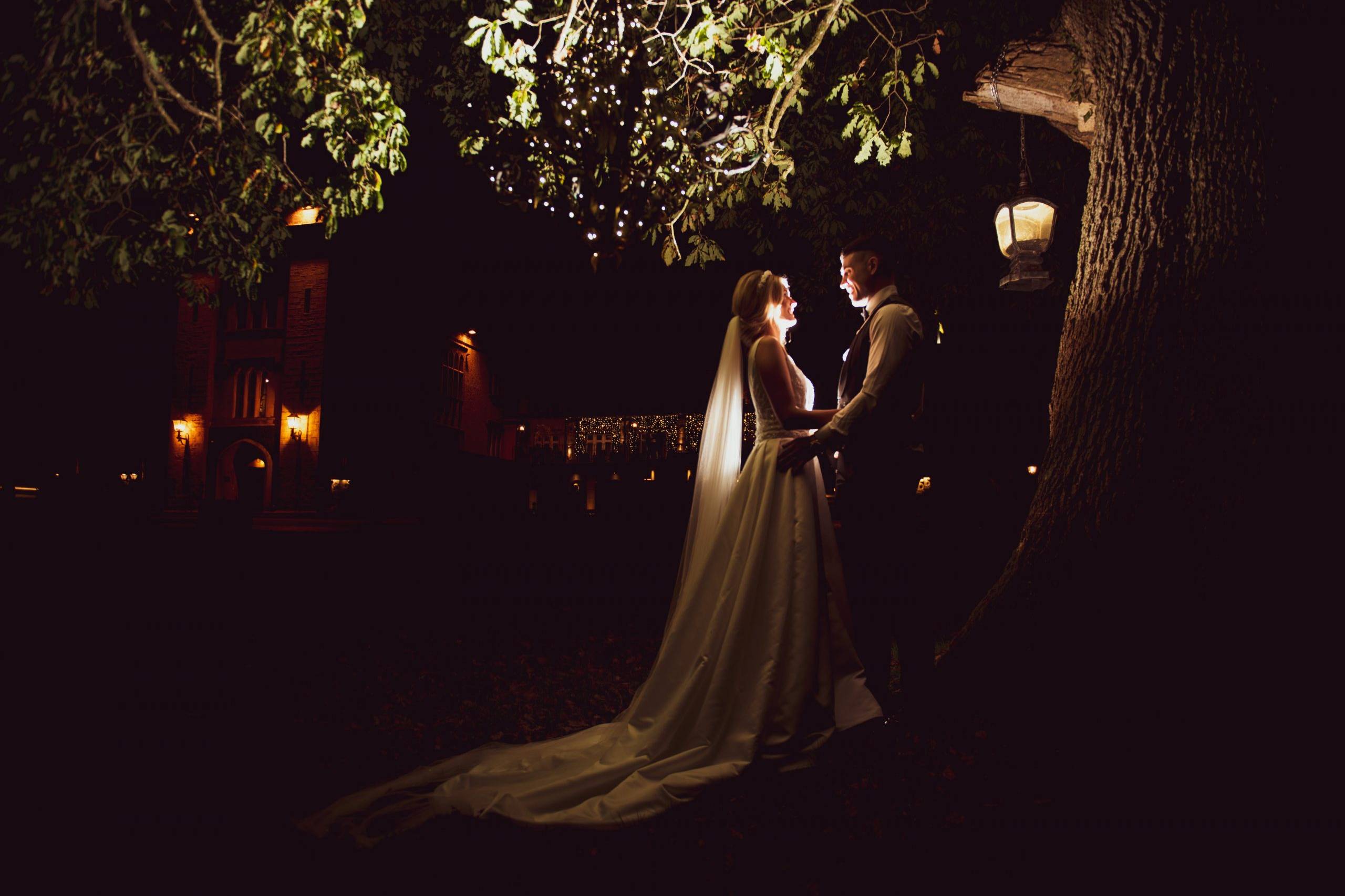 Shot of newlyweds taken under a tree at Cabra Castle at night - photo by Ciaran O'Neill Photography