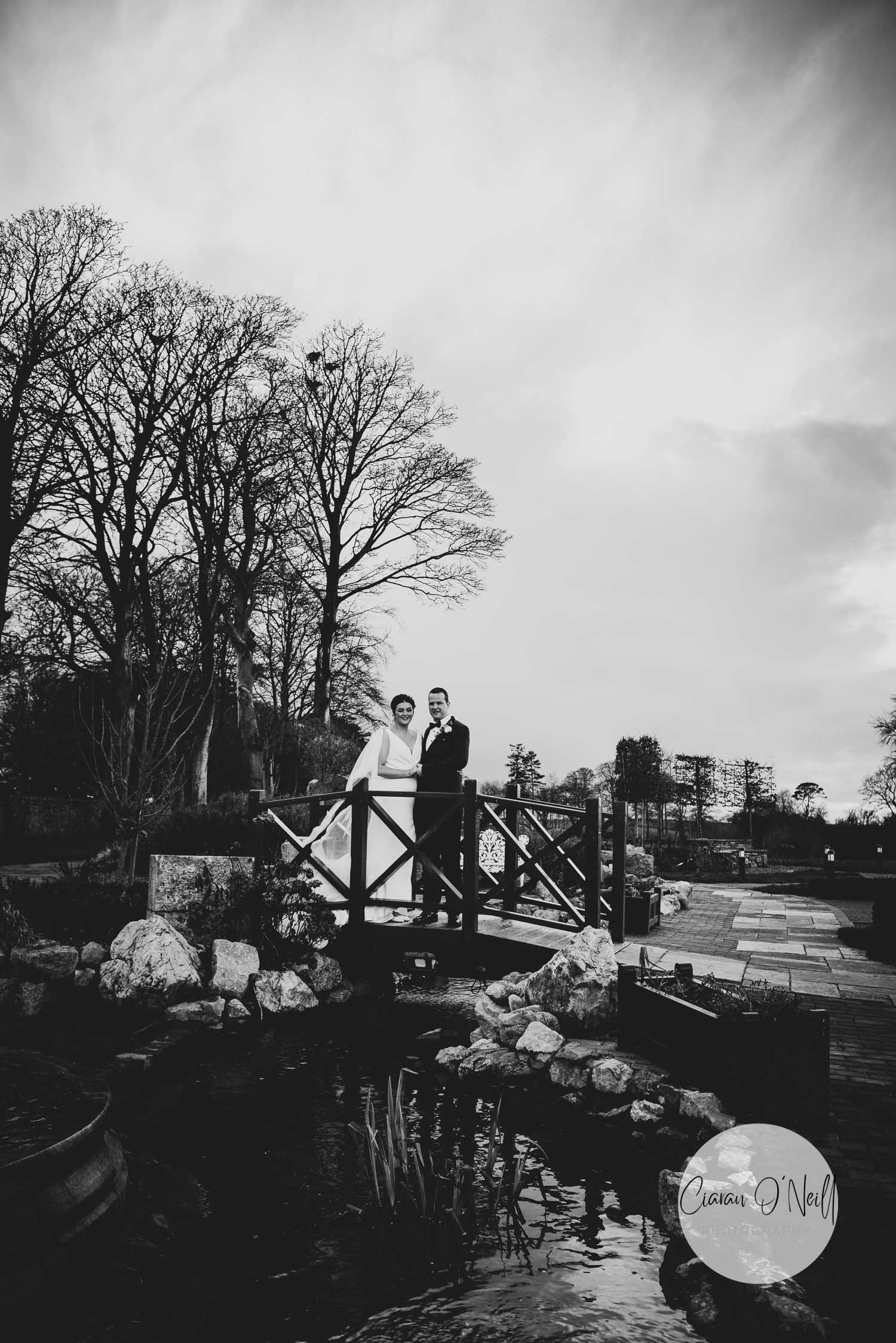 Bride and groom standing on a country style bridge with water in the foreground