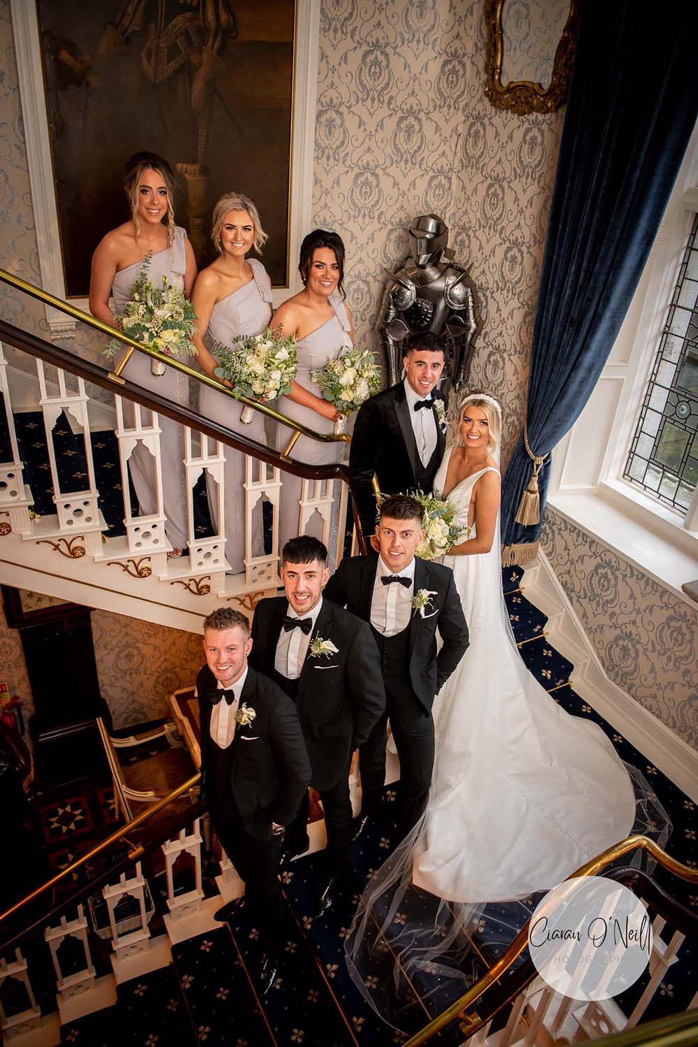 Bridal party on stairs in the main Castle