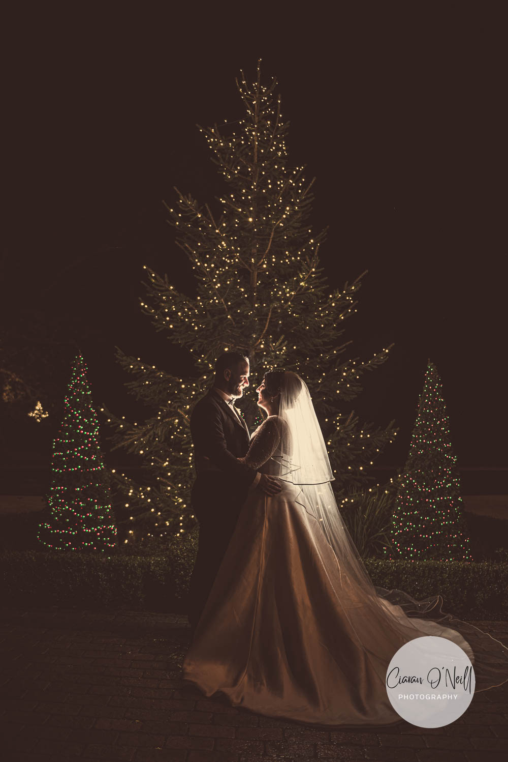 Bride and groom at Christmas tree Cabra Castle