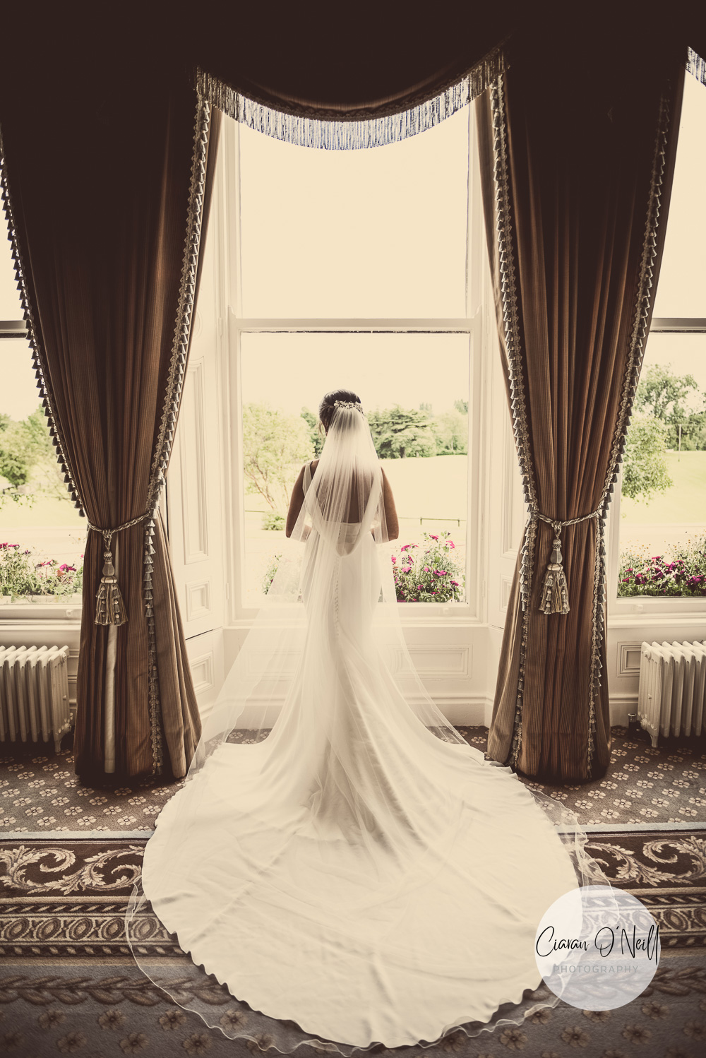 Bride looking out at the view