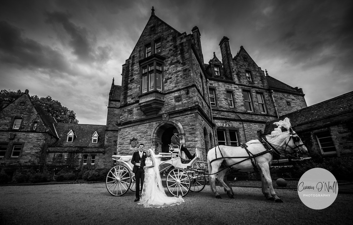 Bride & Groom standing outside Castle Leslie with a horse and carriage