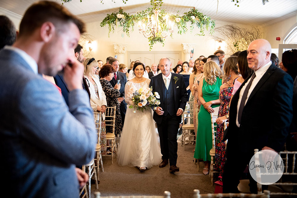 groom gets emotional as bride walks up aisle Darver Castle Wedding